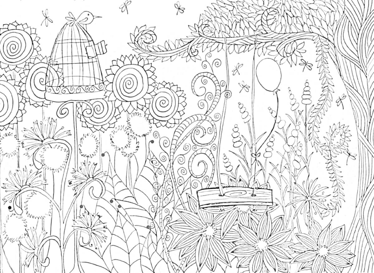 Раскраска Волшебный лес с птичьей клеткой, цветами, балдахином и насекомыми