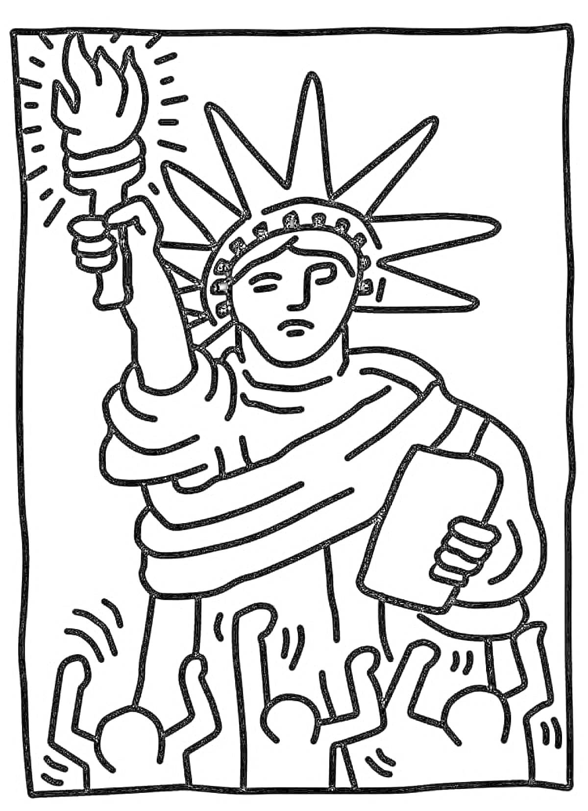 Раскраска Статуя Свободы с поднятым факелом в окружении людей, простая раскраска