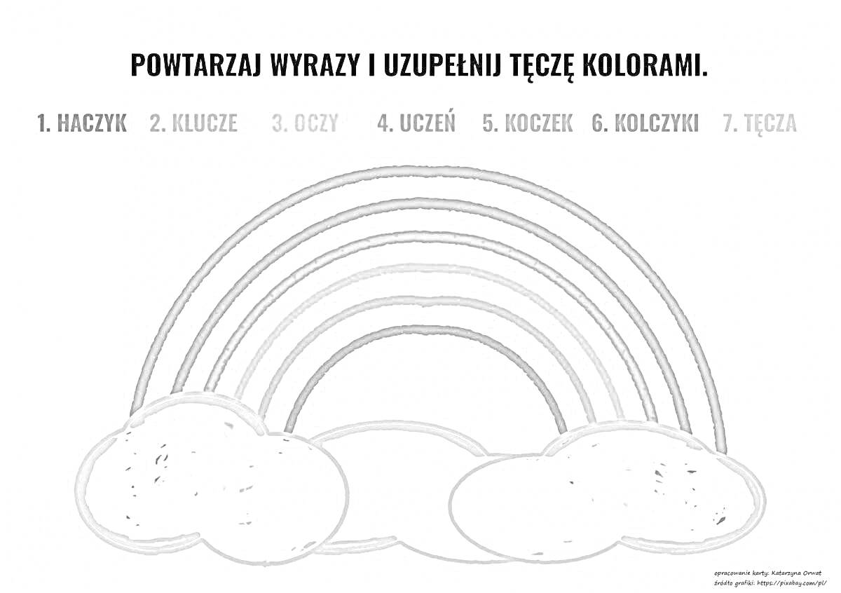 Раскраска Радуга с облаками, задания для заполнения цветом и повтора слов на польском