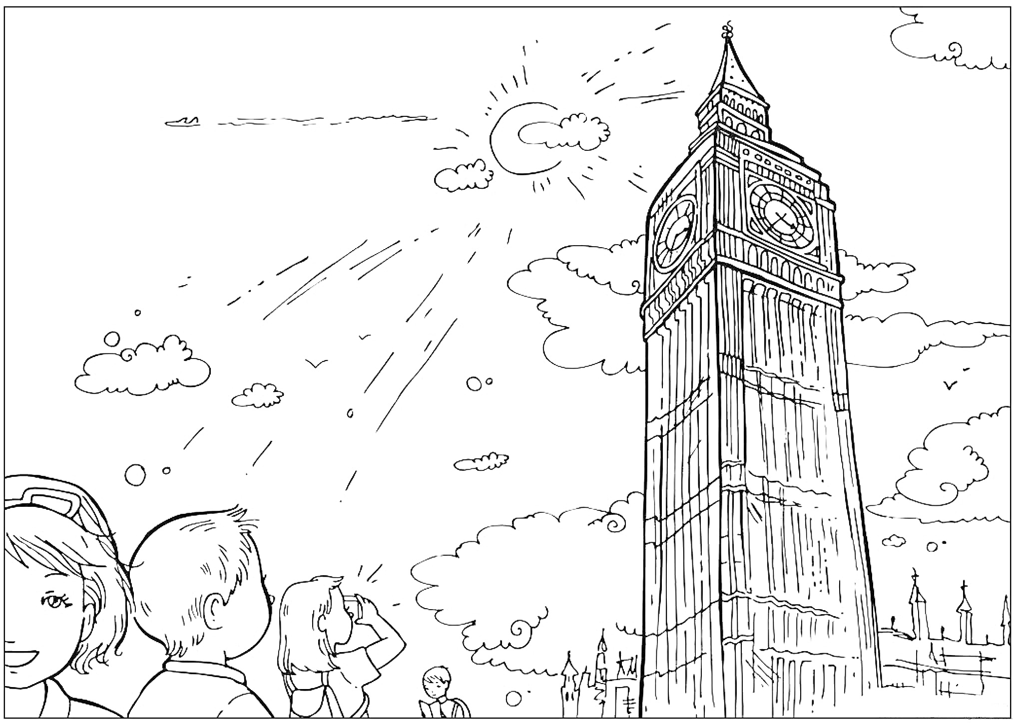 На раскраске изображено: Великобритания, Лондон, Солнце, Облака, Небо, Биг Бен, Для детей, Башни, Достопримечательности