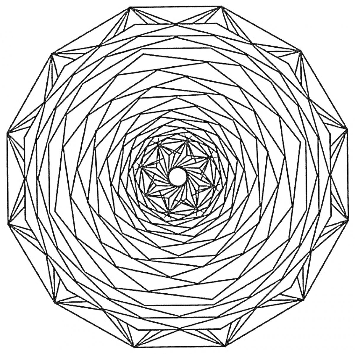Раскраска Мандала с многослойными геометрическими узорами и треугольниками