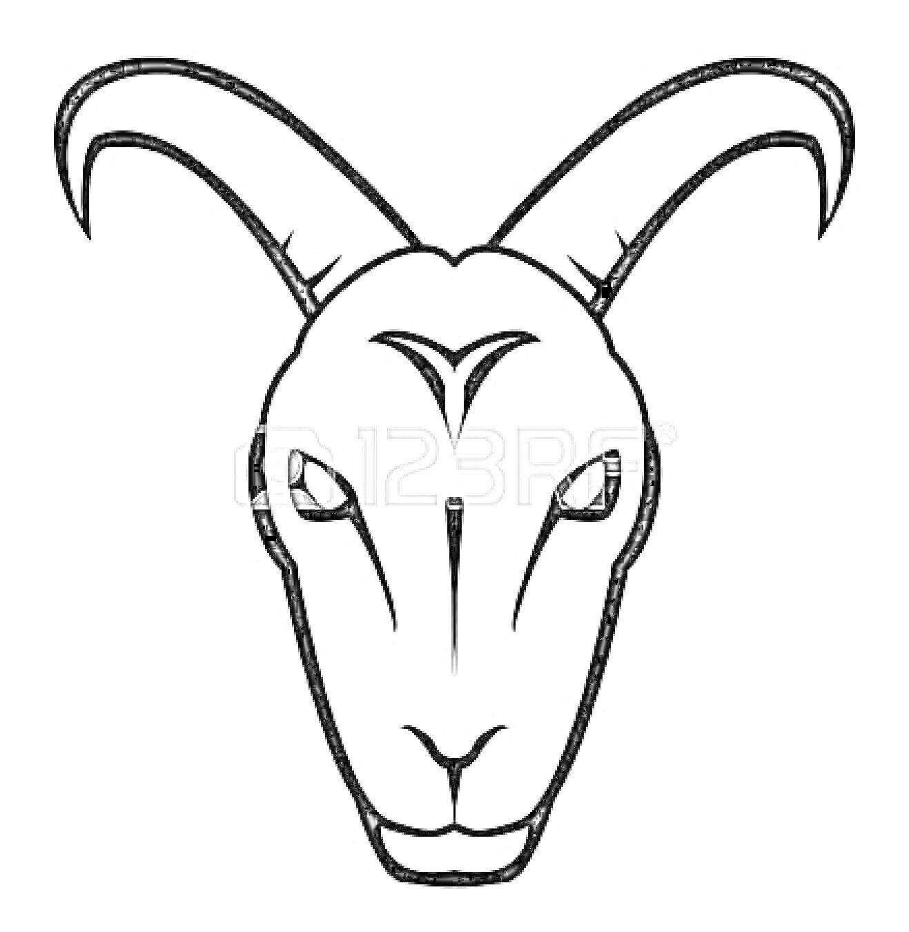 Раскраска Маска головы козы с рогами и отметинами на лице
