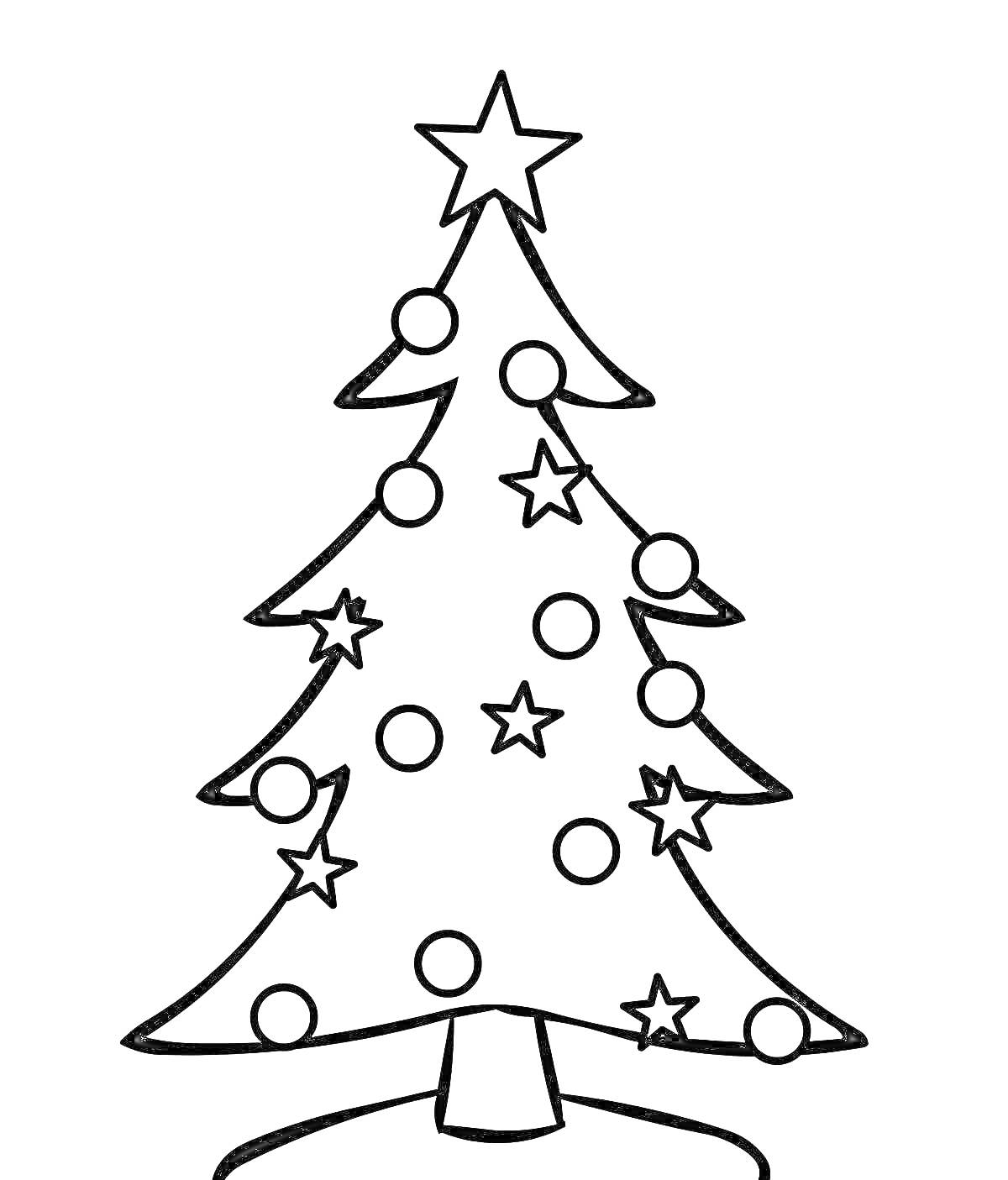 На раскраске изображено: Новогодняя елка, Шары, Звезды, Новогодние украшения