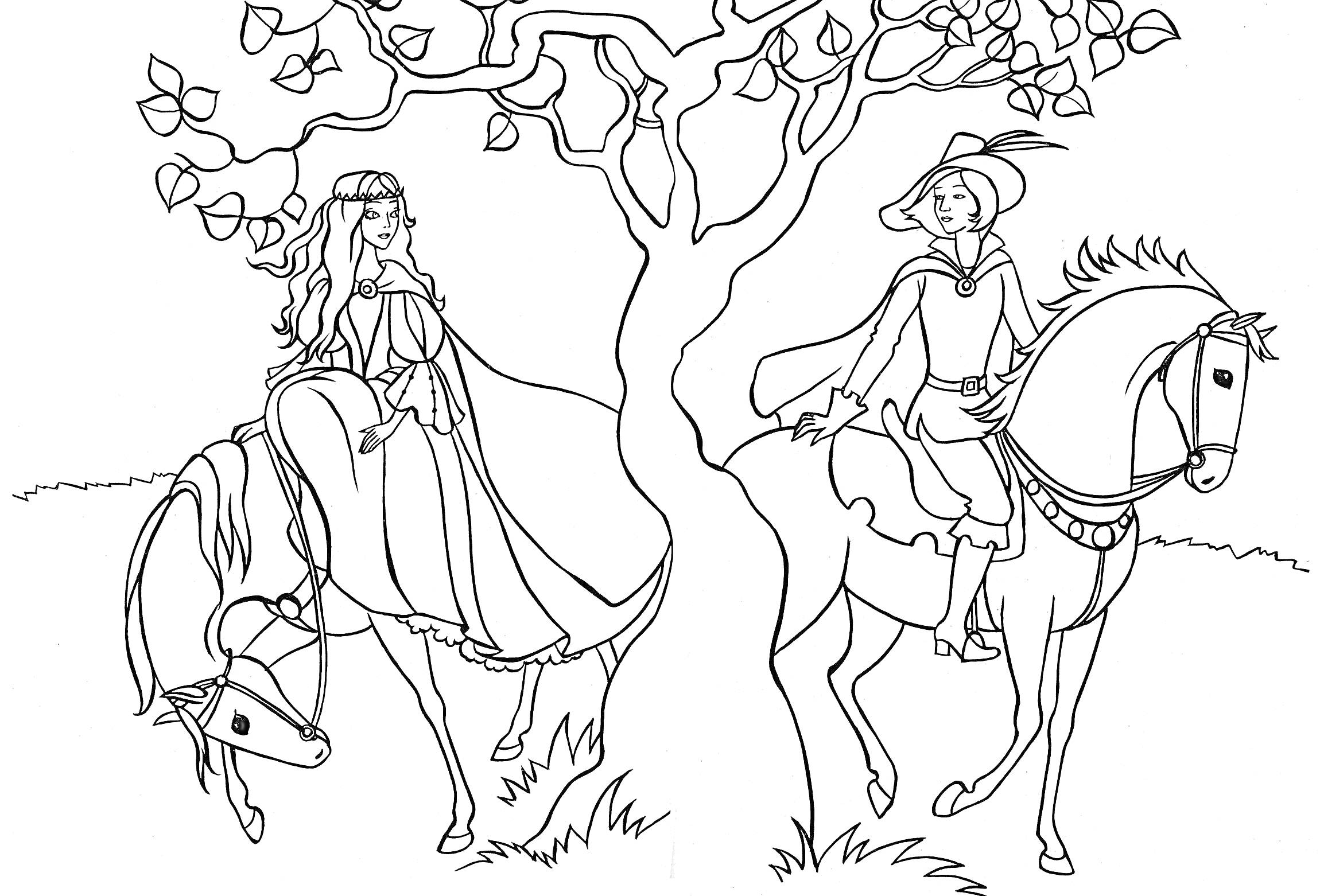 На раскраске изображено: Принц, Принцесса, Лошадь, Природа, Всадник, Одежда, Корона, Шляпа, Трава, Деревья