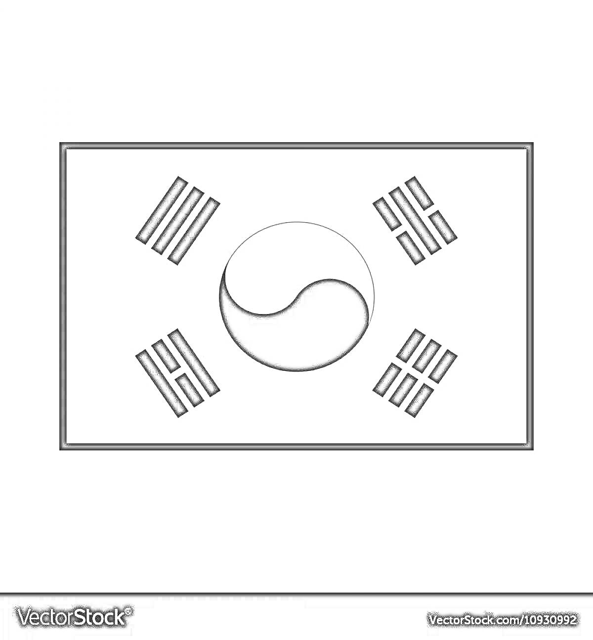 Раскраска Флаг Южной Кореи с символом инь-ян и триграммами, чёрно-белая раскраска