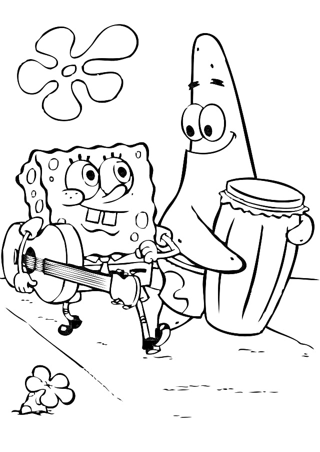 Раскраска Губка Боб играет на гитаре, Патрик играет на барабане, два цветка на фоне