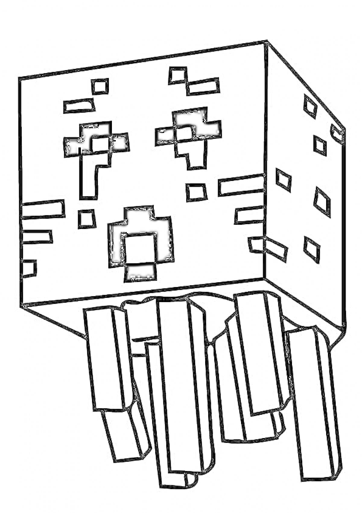 Раскраска Чёрно-белый рисунок Гаст из Майнкрафта со множеством ног и пиксельным лицом