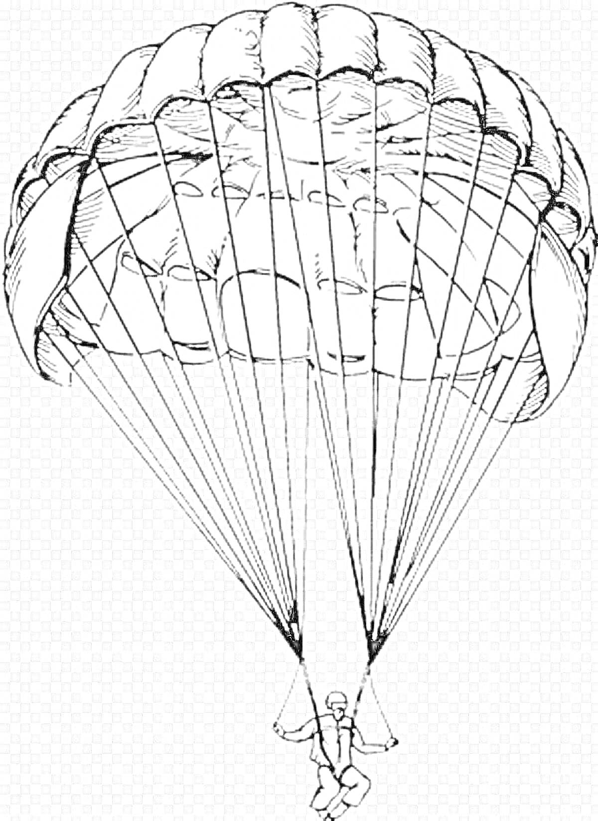 Раскраска Военный парашютист с большим парашютом и ремнями в полете