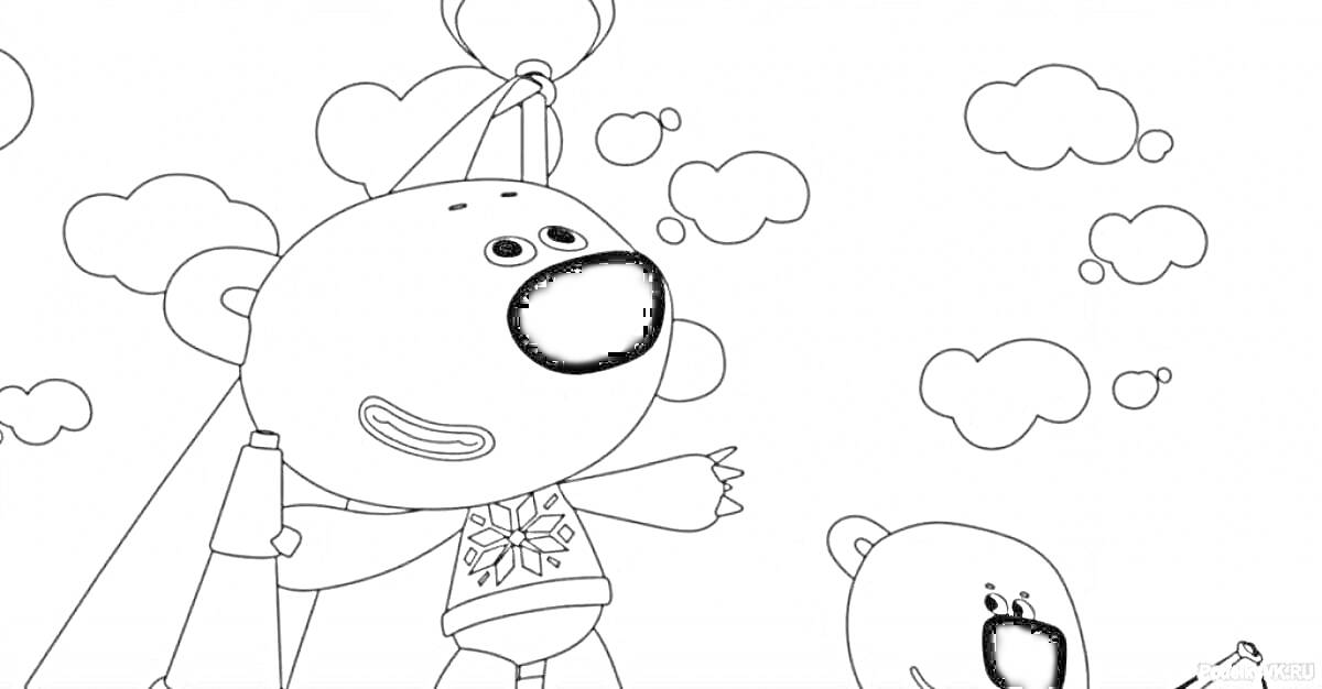На раскраске изображено: Медведь, Облака, Для детей, Воздушные шары, Мимимишки