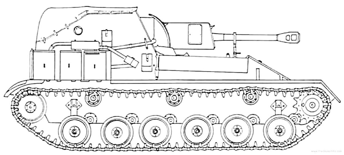 На раскраске изображено: Танк, Военная техника, Пушка, Гусеницы, Корпус