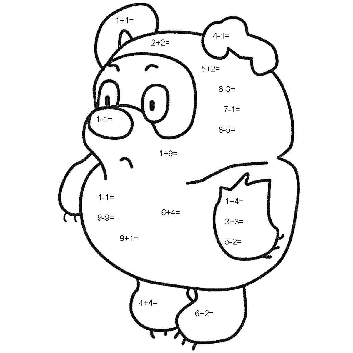 Раскраска Медведь с примерами в пределах 10