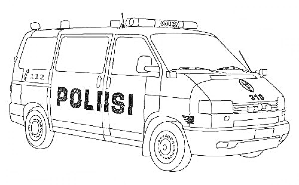 На раскраске изображено: Автобус, Полиция, Мигалки, Транспорт, Безопасность, Служебный автомобиль