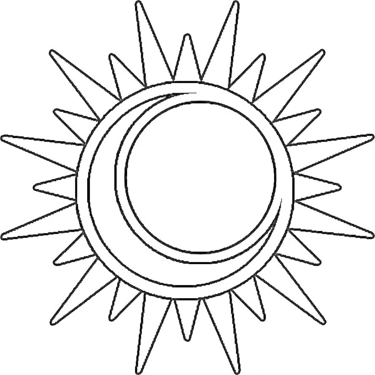 На раскраске изображено: Солнце, Полумесяц, Лучи