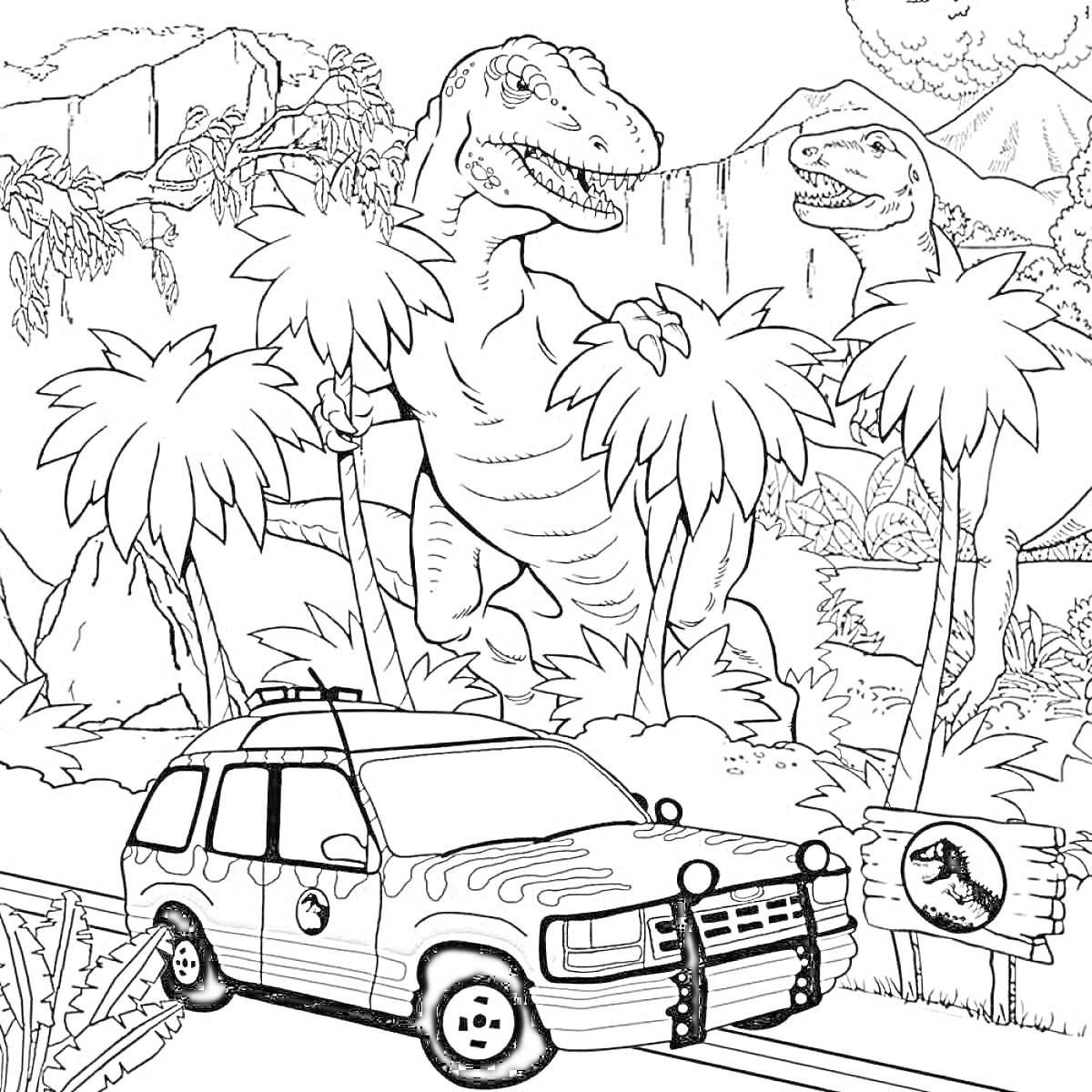Раскраска Тираннозавры среди пальм с автомобилем на дороге и табличкой с логотипом