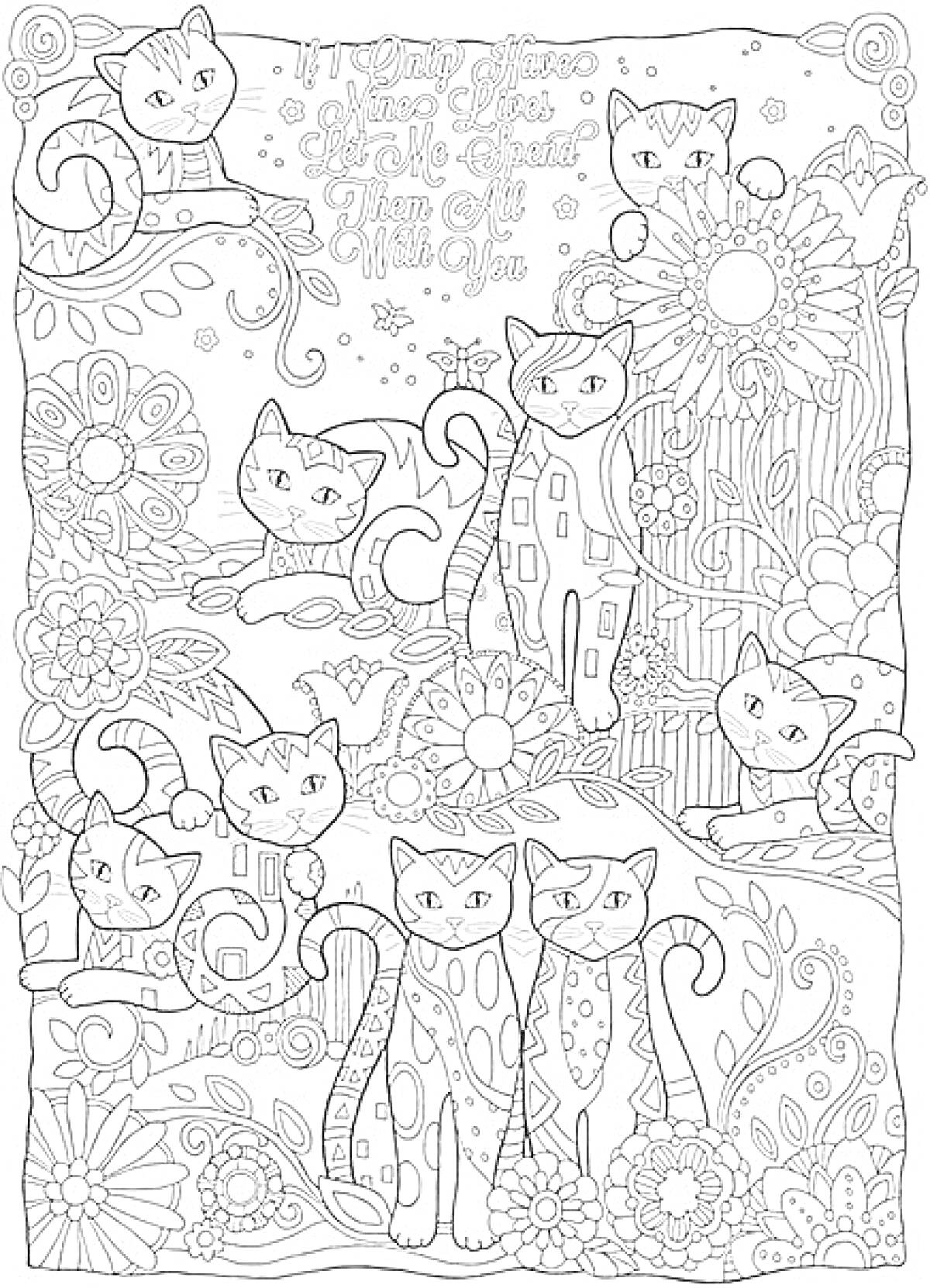 Раскраска Кошки среди цветов и листьев, надпись 