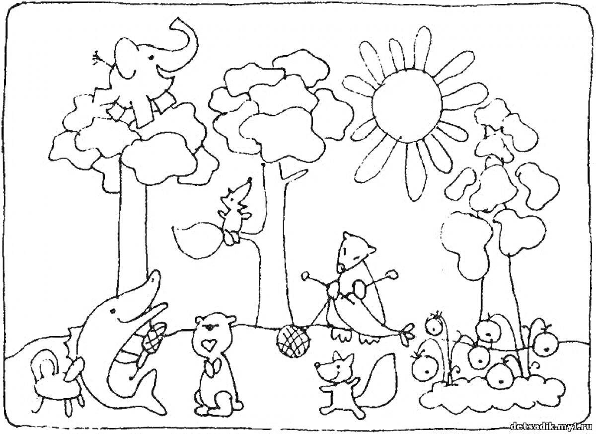 Раскраска лесная сцена с животными и природными элементами: слон, дельфин, утка, медведь, белка, енот, собака, лиса, деревья, солнце, ягоды