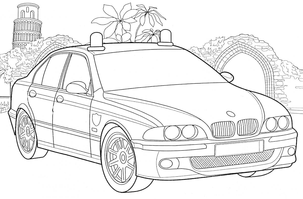 На раскраске изображено: Полицейская машина, BMW, Арка, Растения, Деревья, Башни