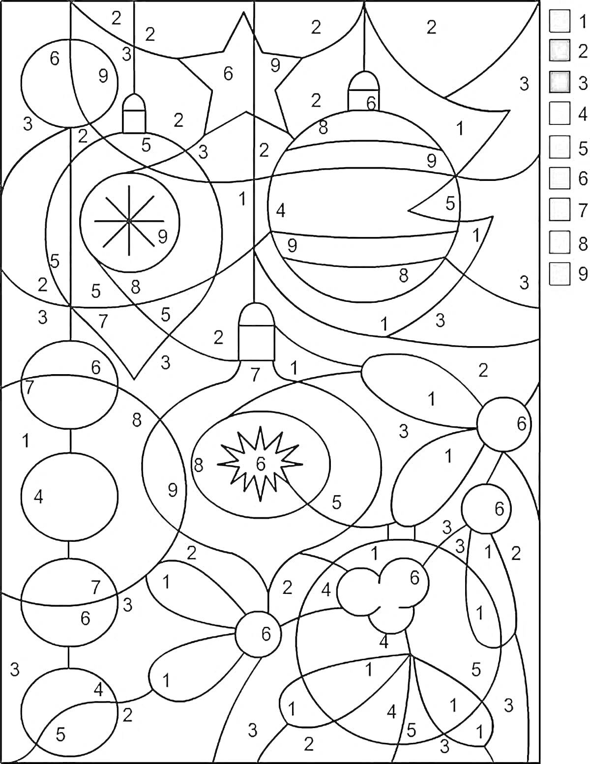 Раскраска Рождественские украшения с шарами и снежинками