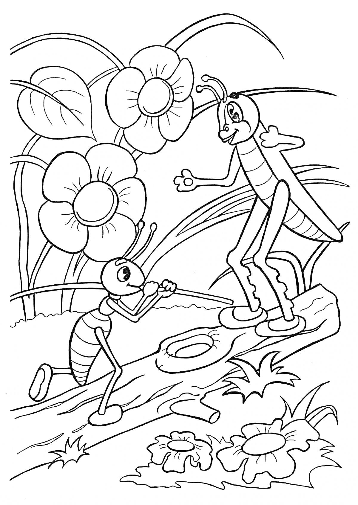 Муравей и кузнечик среди цветов и листьев на бревне
