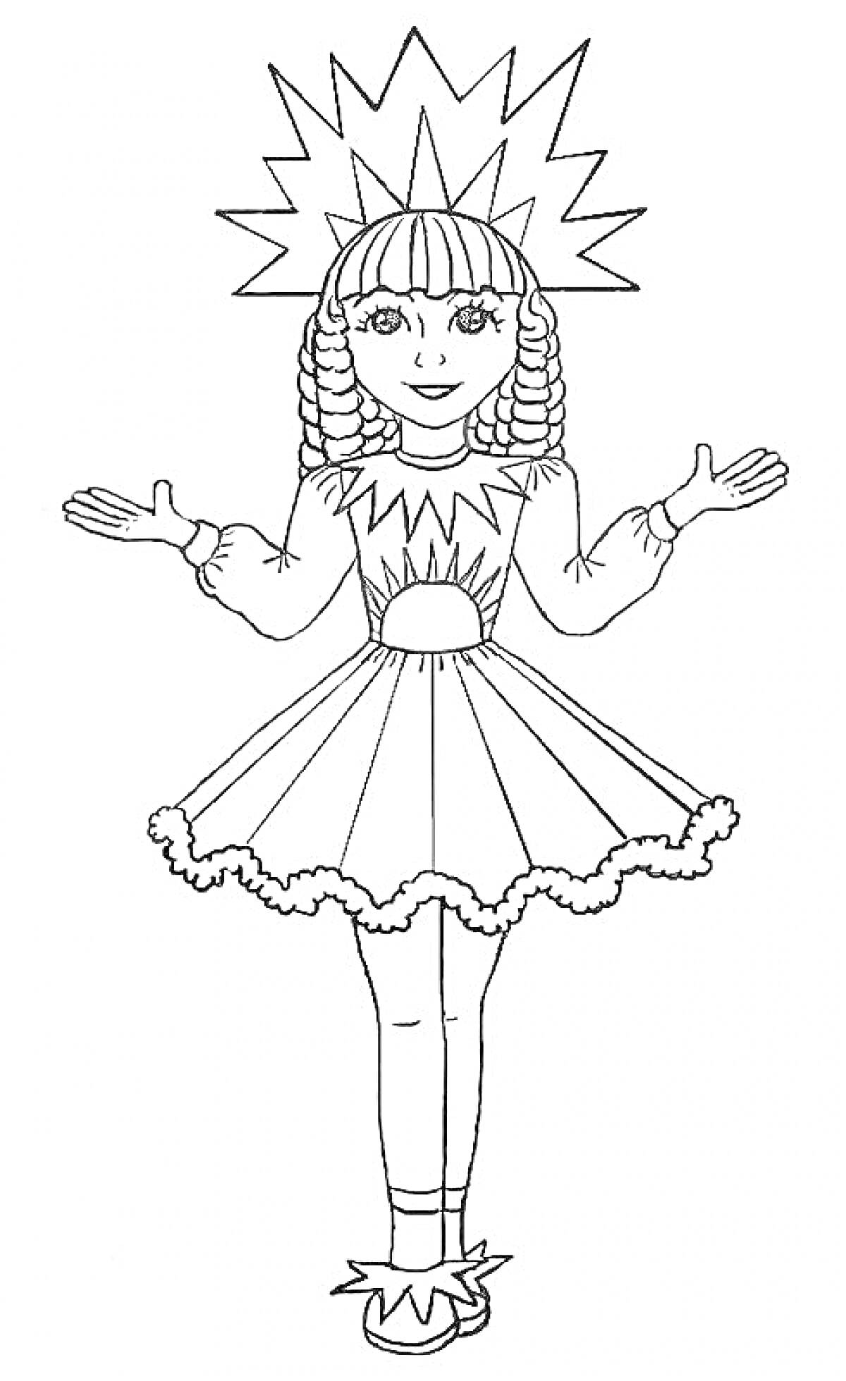 Раскраска Девочка в новогоднем костюме Снегурочка с короной и косичками