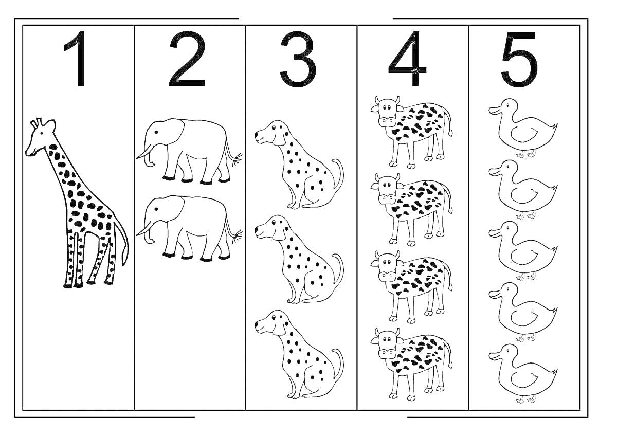 Раскраска Цифры и животные для детей. Жираф, два слона, три собаки, четыре коровы, пять уток