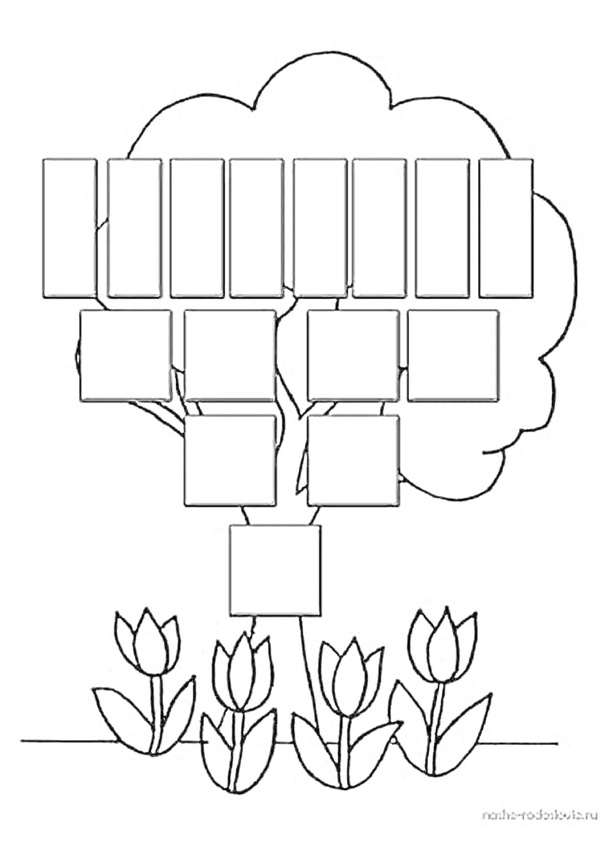Раскраска Генеалогическое дерево с местами для фотографий и тюльпанами