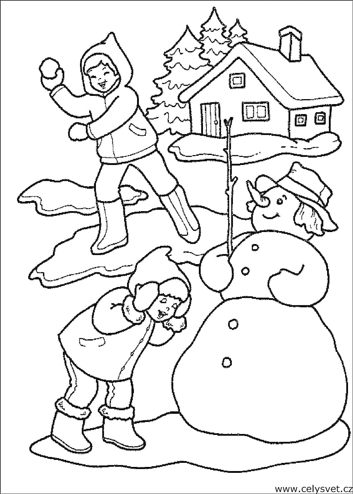 Раскраска Дети зимой, играющие в снежки, и снеговик рядом с домом и ёлками