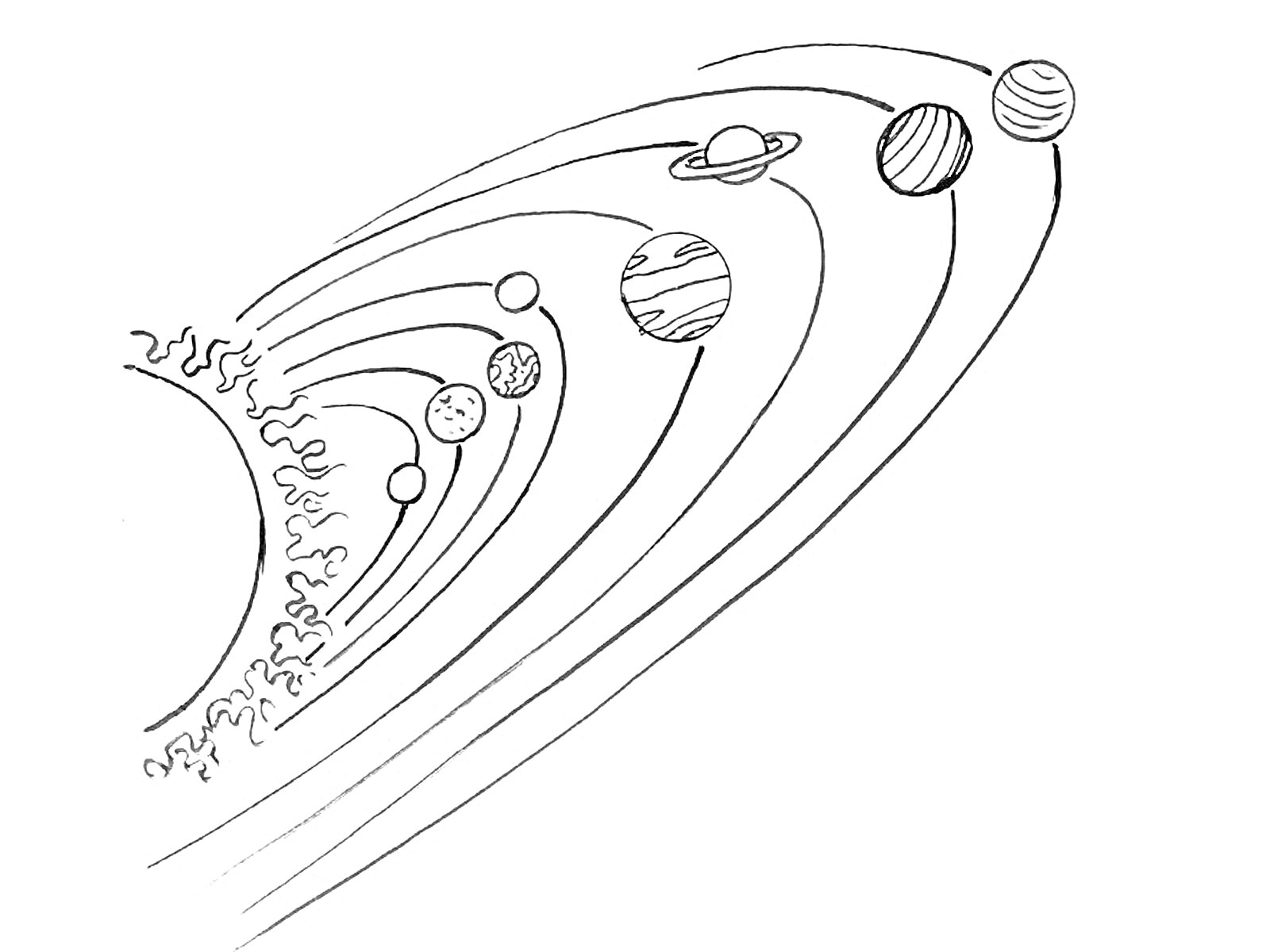 На раскраске изображено: Космос, Планеты, Солнечная система, Солнце, Меркурий, Венера, Земля, Марс, Юпитер, Сатурн, Уран, Нептун, Астрономия