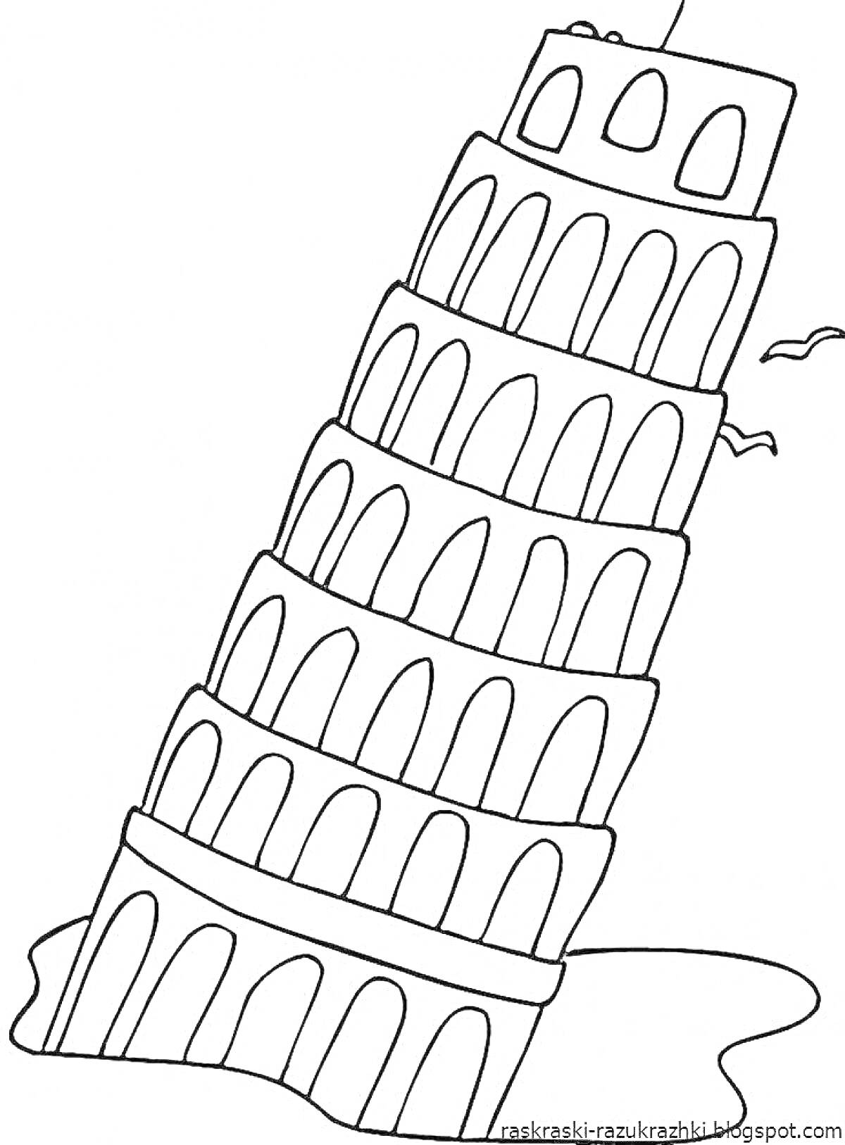 Раскраска Наклонная башня с окнами и элементами разрушения на вершине