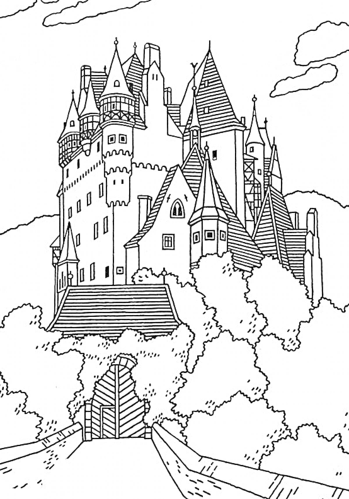 На раскраске изображено: Германия, Замок, Башни, Ворота, Деревья, Архитектура, Пейзаж, История, Средневековье