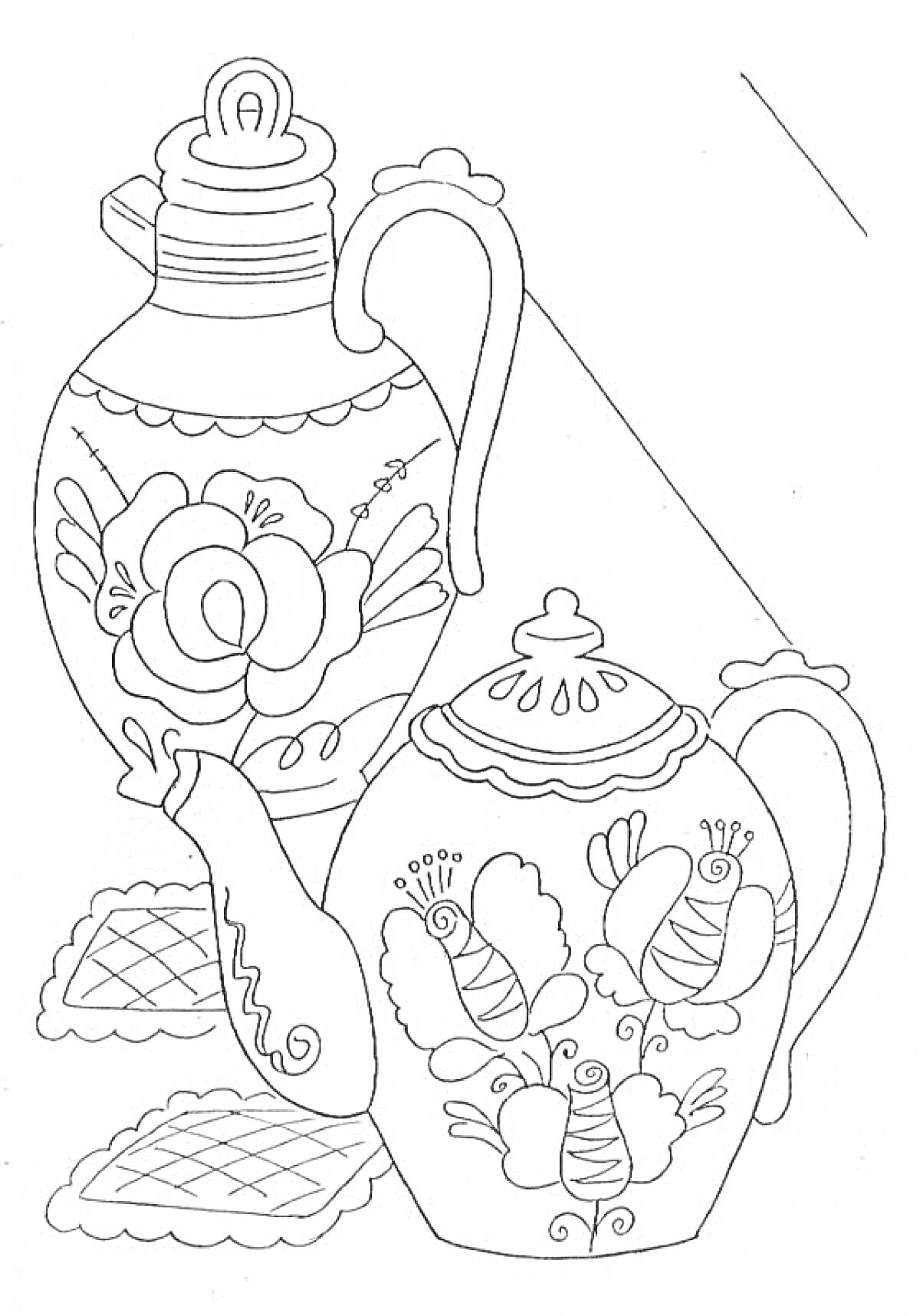 Раскраска Чайник с росписью в виде цветов и бабочек, кувшин с росписью в виде цветов, две салфетки