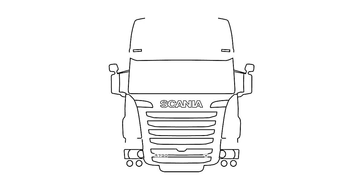 Раскраска Грузовик Scania с передней решеткой, зеркалами и выдвижными трубами