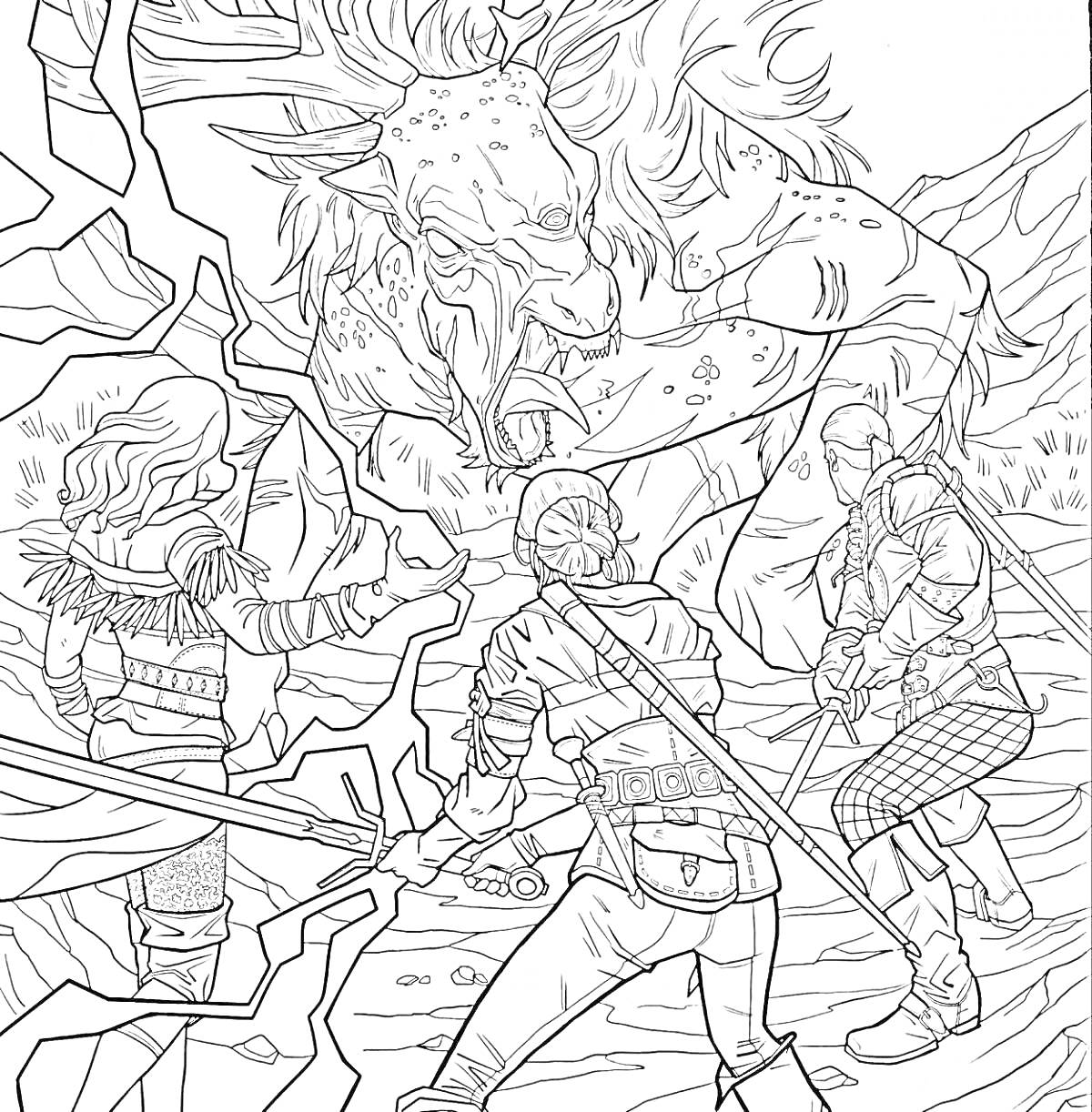 Раскраска Сражение ведьмаков с чудовищем на скалистой равнине; трое ведьмаков с мечами против чудовища с рогами и длинным языком, молнии и скалы вокруг.