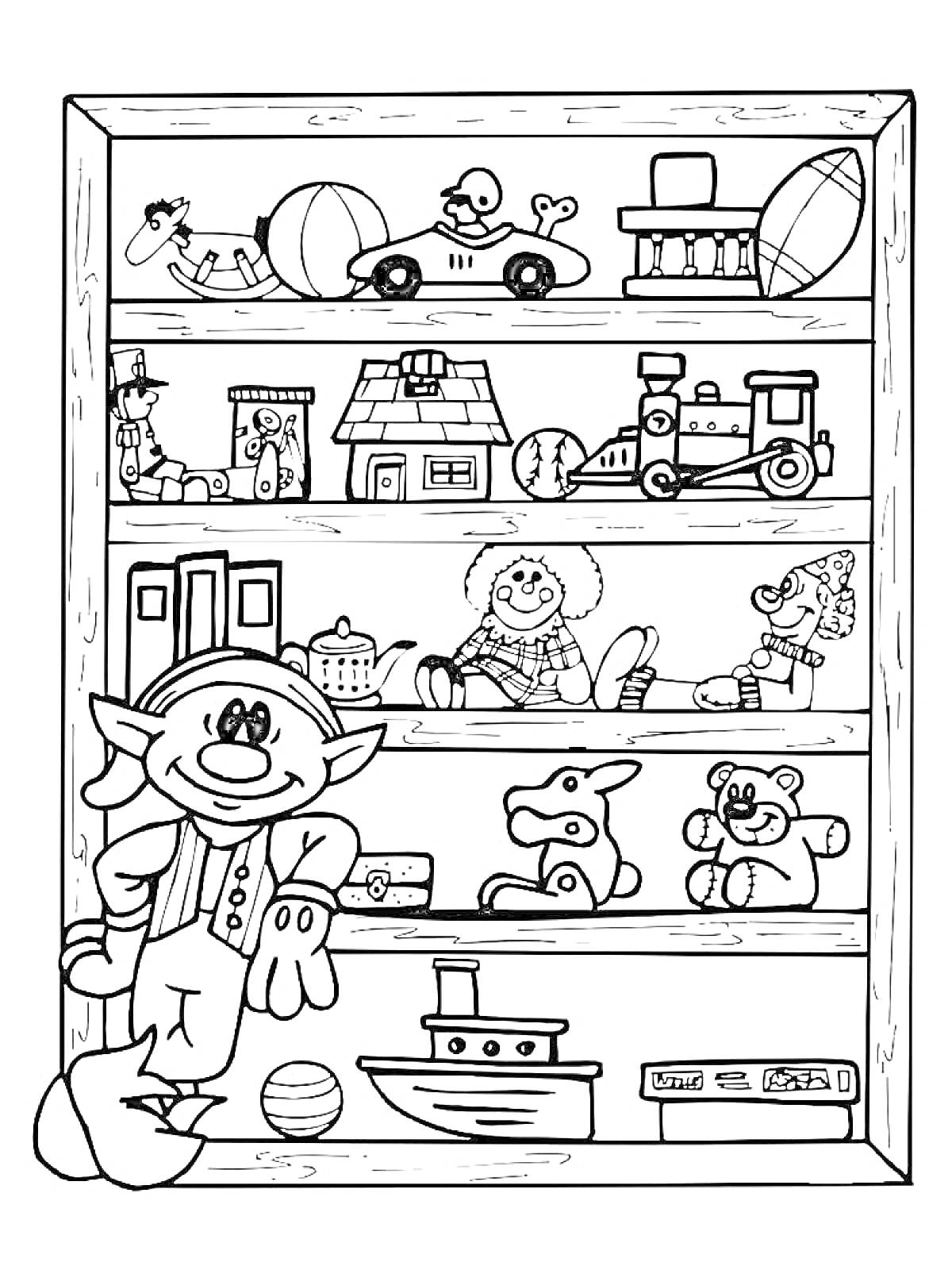 На раскраске изображено: Магазин игрушек, Полки, Игрушки, Кукла, Плюшевый медведь, Мячи, Паровоз, Авто