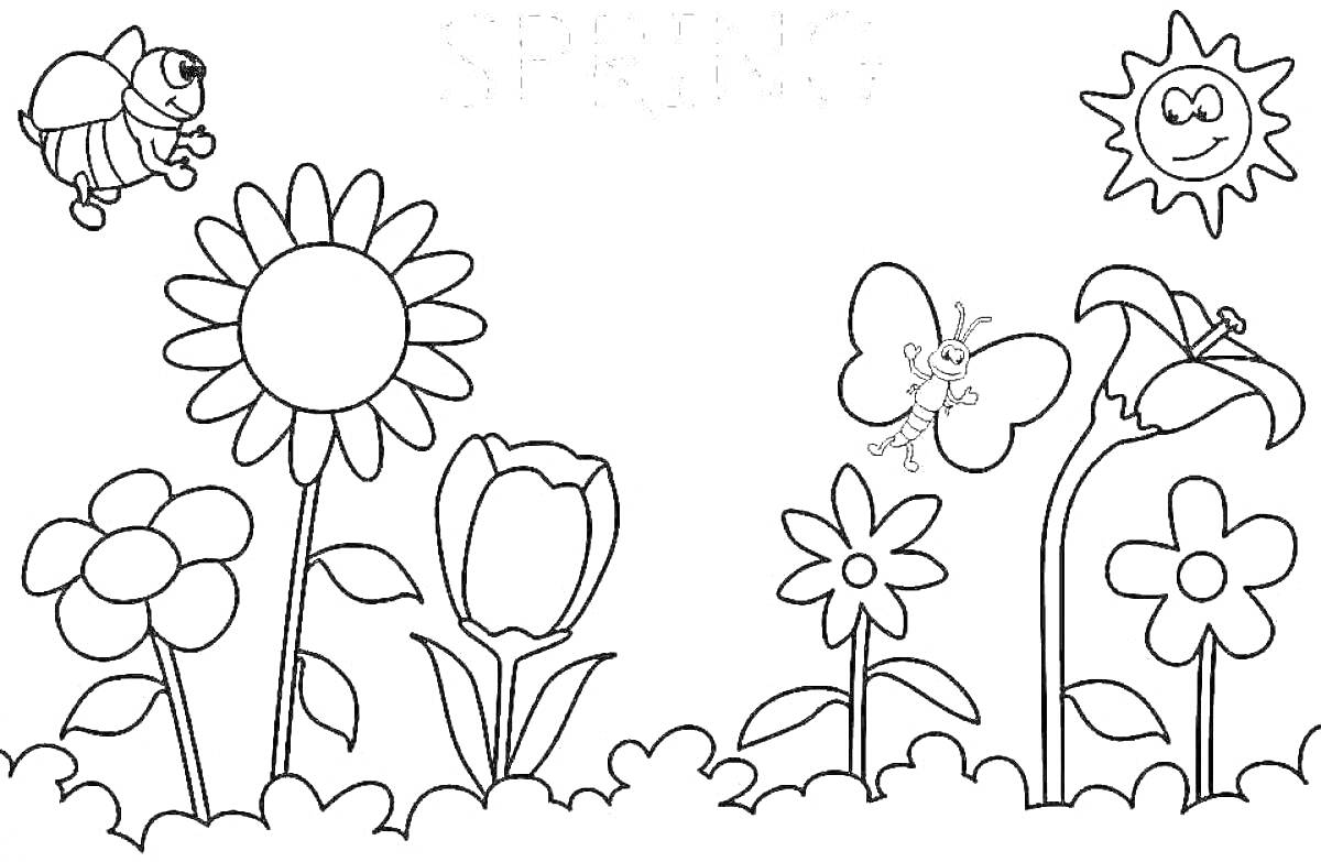 На раскраске изображено: Цветы, Пчела, Бабочка, Солнце, Природа, Сад, Растения, Для детей