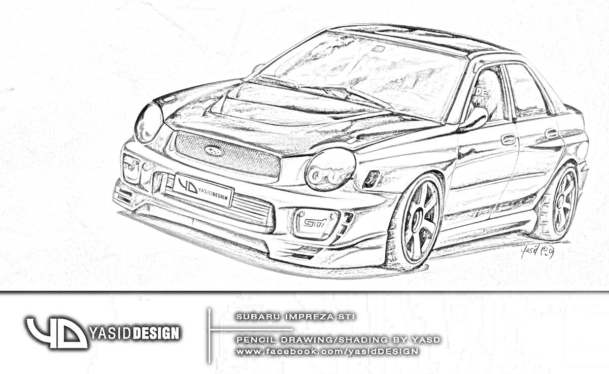 Раскраска Subaru Impreza WRX STI, карандашный рисунок автомобиля с антуражем спортивного обвеса и деталями кузова, подпись 