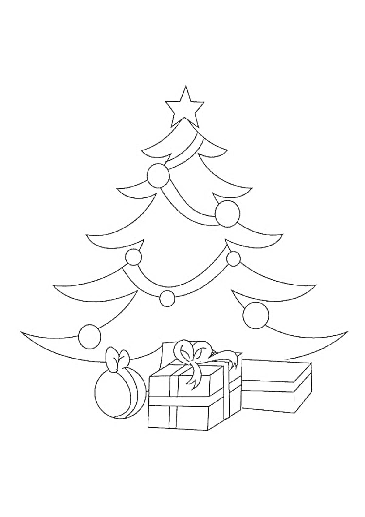 На раскраске изображено: Рождество, Новый год, Подарки, Шары, Гирлянда, Украшения