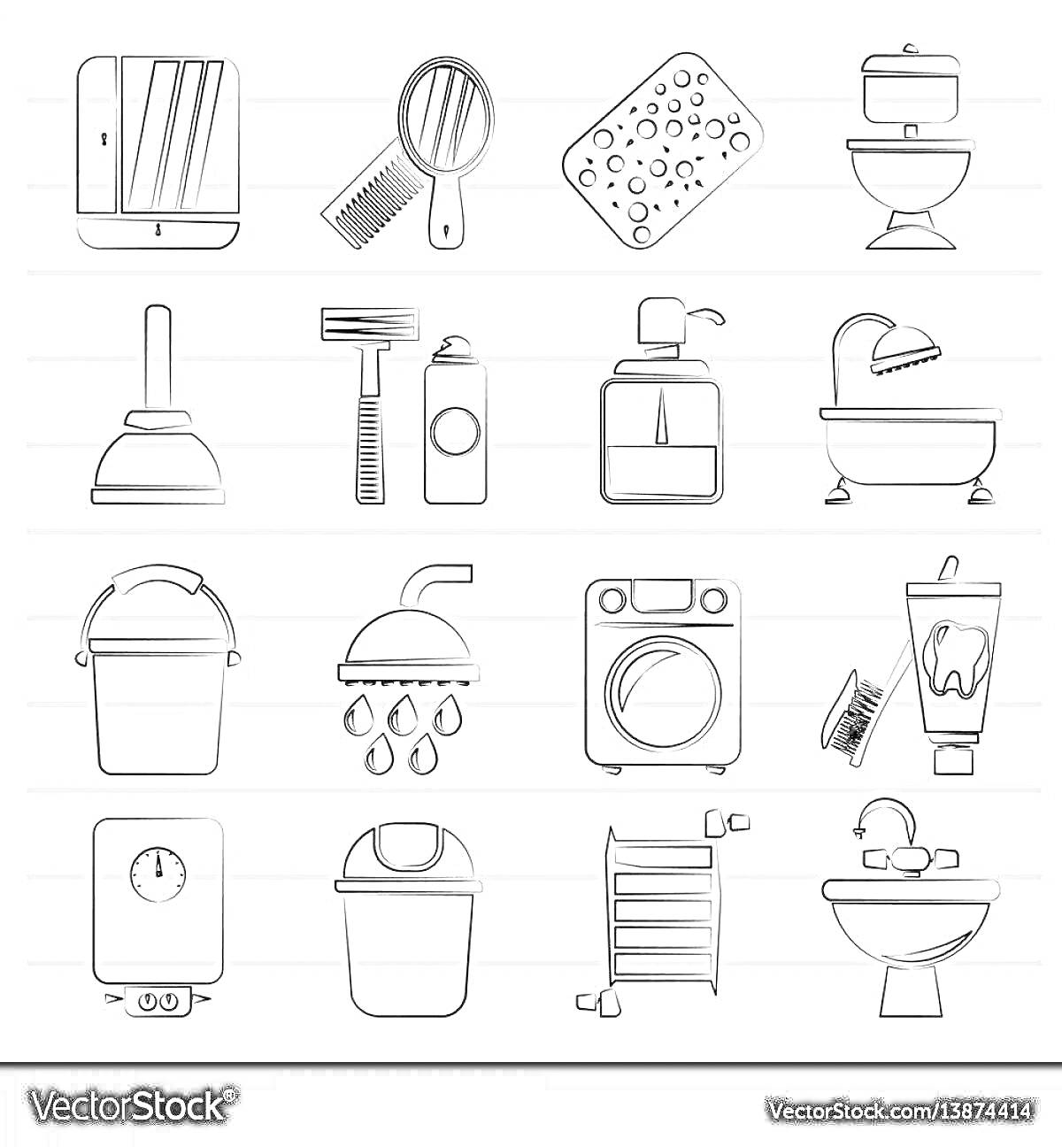 На раскраске изображено: Зеркало, Расческа, Мыло, Мыльница, Унитаз, Бритва, Ванна, Стиральная машина, Зубная щетка, Зубная паста, Водонагреватель, Мусорное ведро, Полотенцесушитель, Раковина