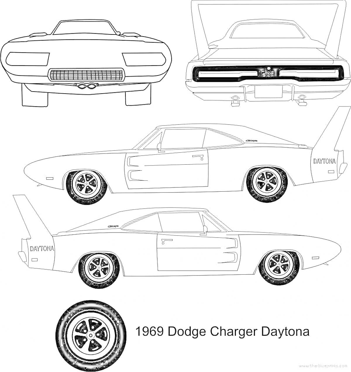 Раскраска 1969 Dodge Charger Daytona - вид спереди, вид сзади, вид сбоку (слева), вид сбоку (справа), колесо