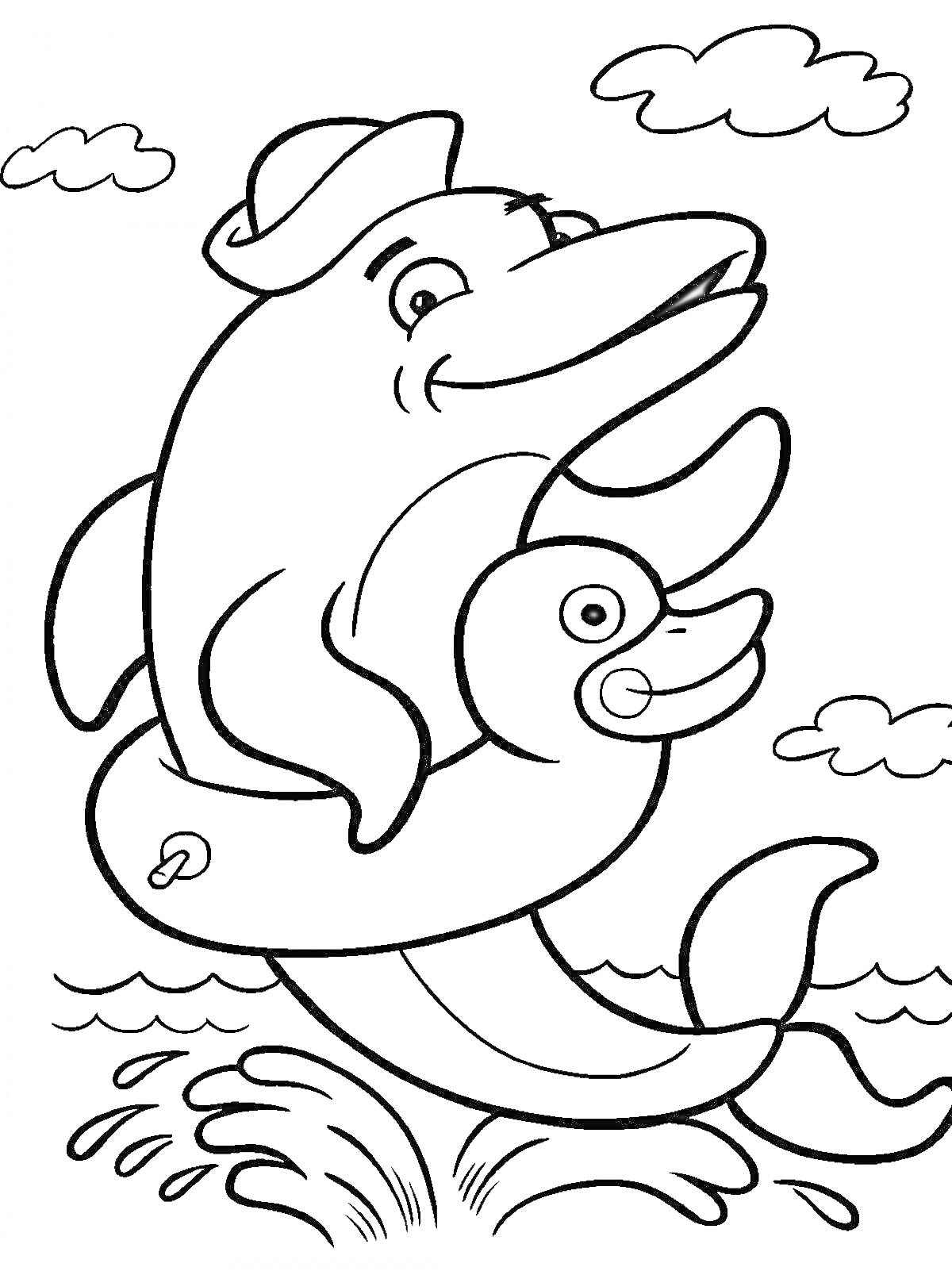Раскраска Дельфин с игрушечным кругом и шапкой, плывущий в море, на фоне облаков