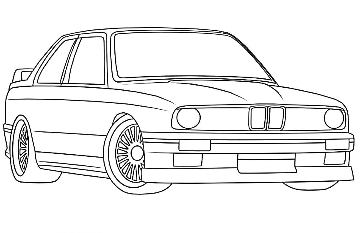 Раскраска с изображением автомобиля BMW M4 со спортивными колесами, передним бампером, воздухозаборником и фарами