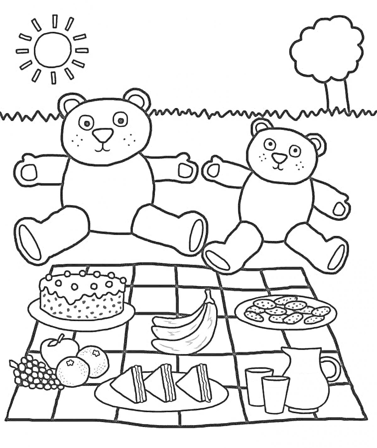 Пикник с двумя медведями, пирогом, бананами, печеньем, виноградом, яблоками, сэндвичами, кувшином и двумя стаканами