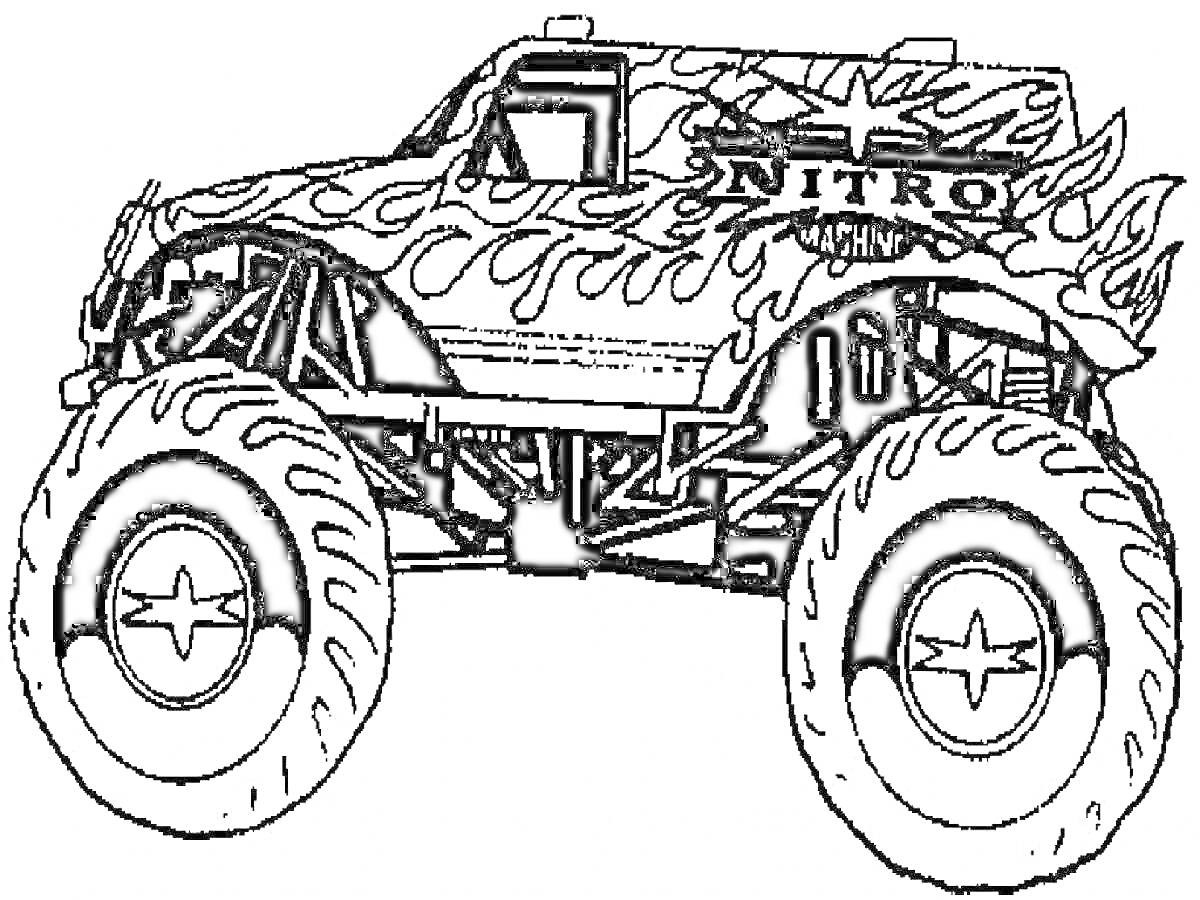 Раскраска Монстр-трак с огненной раскраской и надписью 