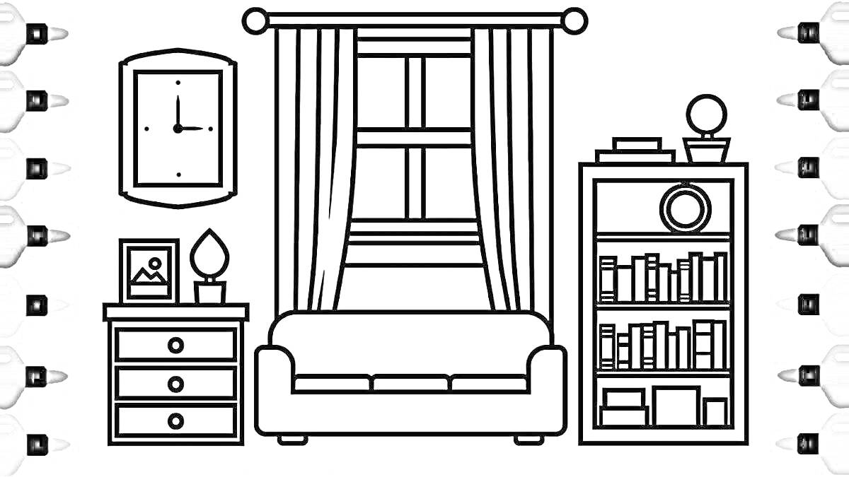 На раскраске изображено: Гостиная, Диван, Книжный шкаф, Шторы, Часы, Комод, Лампа, Мебель, Интерьер, Окна