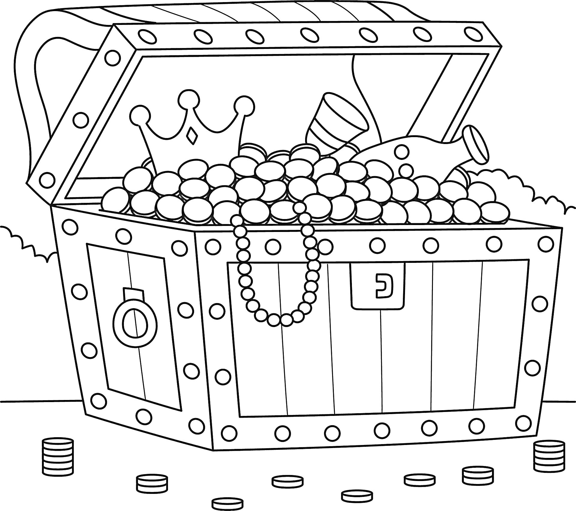 Раскраска Сундук с сокровищами, короной, кубком, жемчужным ожерельем, и золотыми монетами