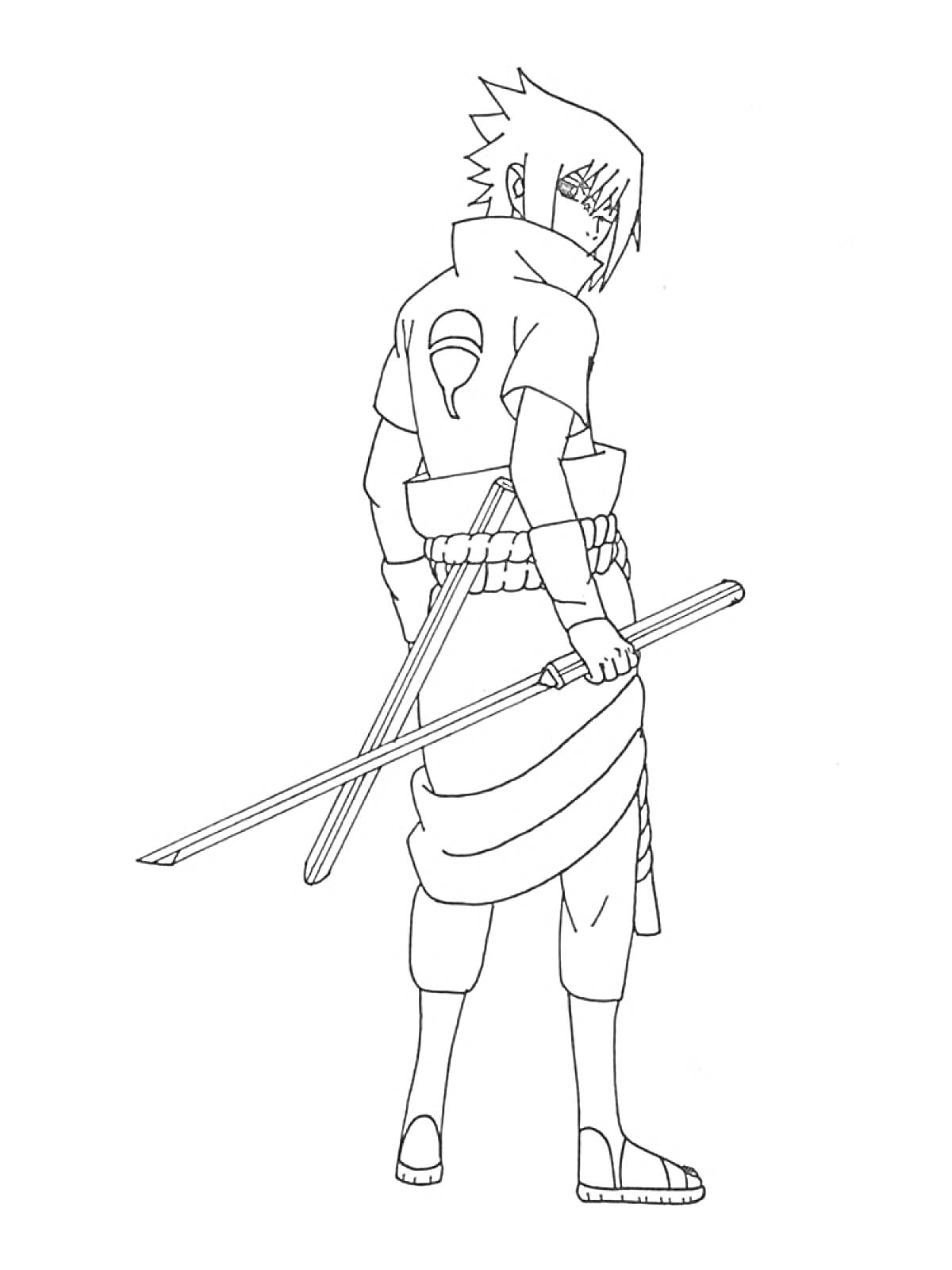 Раскраска Саске Учиха с мечом, вид со спины