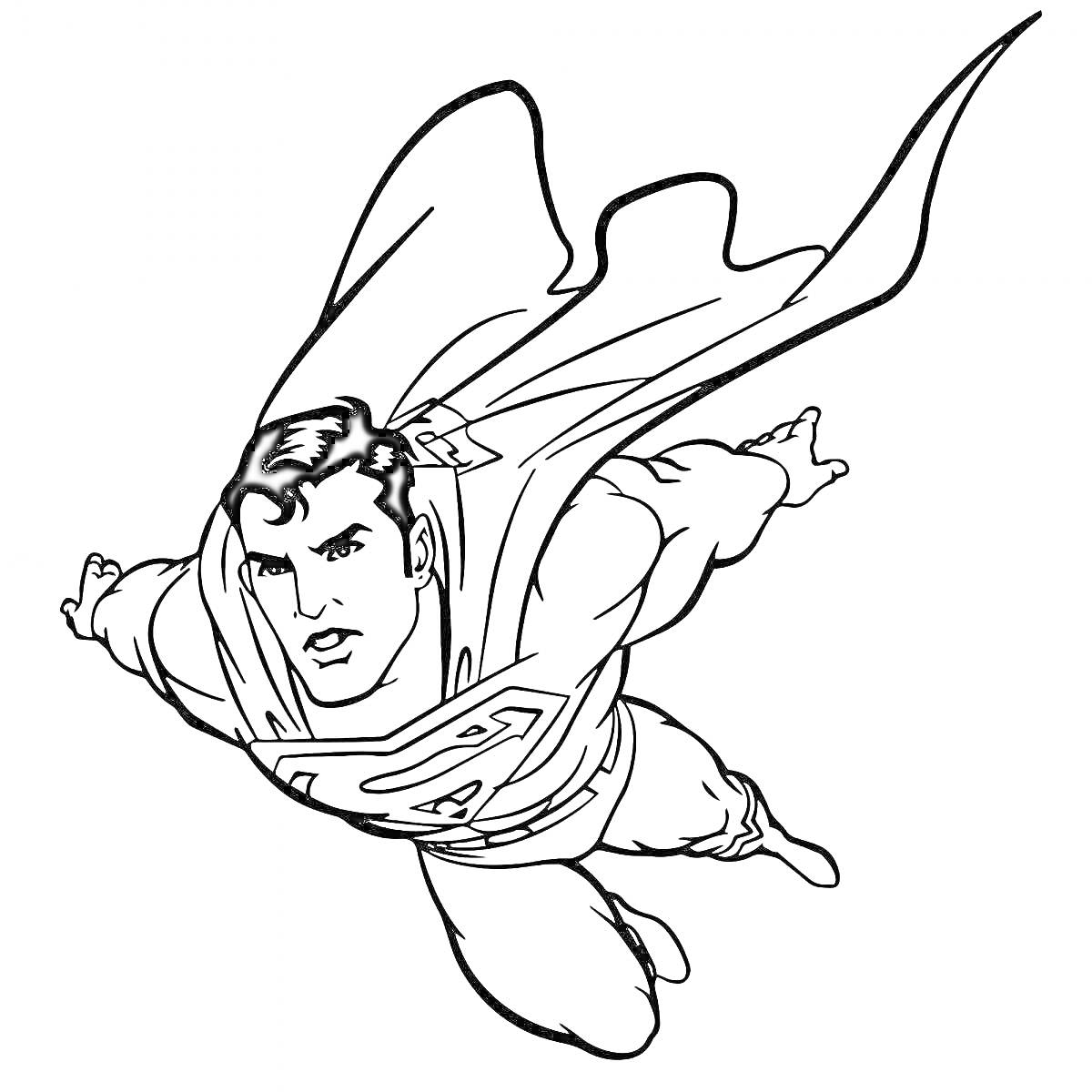 Раскраска Супергерой в плаще летит в небе