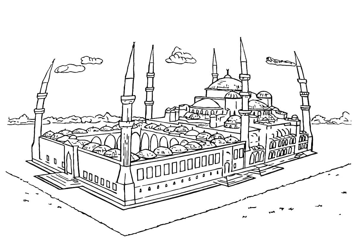 Раскраска Соборная мечеть с четырьмя минаретами, облаками на заднем фоне и летающим самолетом