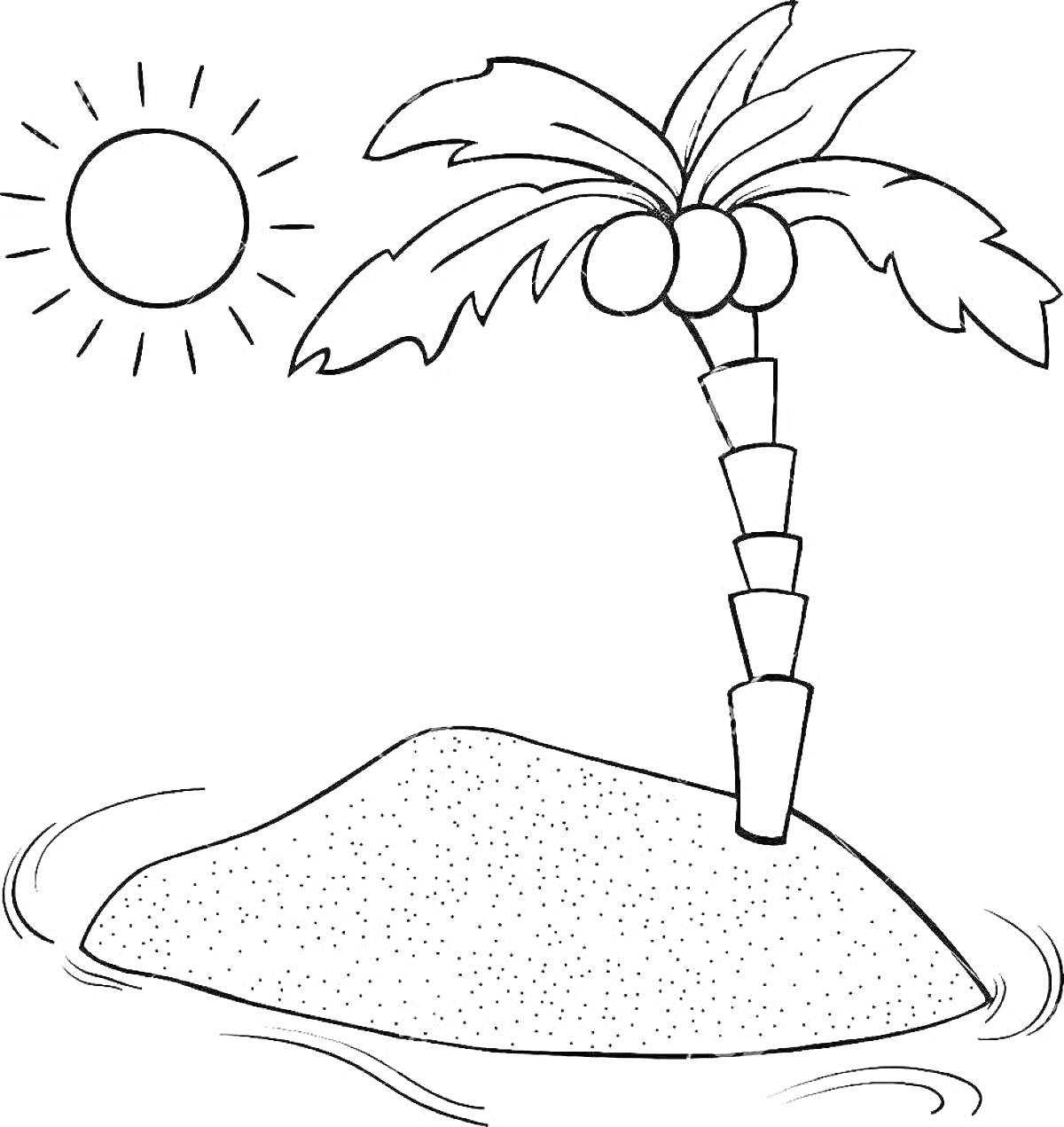 На раскраске изображено: Остров, Солнце, Пляж, Вода, Для детей