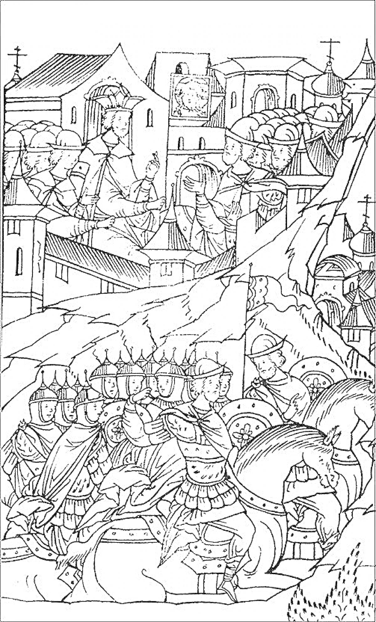 Раскраска Военный поход на фоне крепости и дворцов, всадники в шлемах и доспехах, за ними город с башнями, везде присутствуют многочисленные архитектурные элементы и персонажи